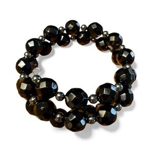 Vintage Chic Black Glass Bead Memory Wire Bracelet with Silver Tone Bead Spacers